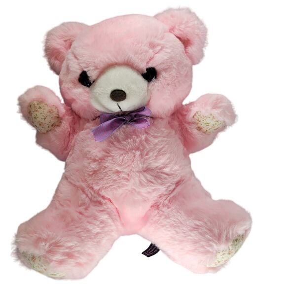 Pink Plush Teddy Bear Vintage 1988 Moonbeam Toys 12" Floral Paws Bow Korea - Picture 5 of 11